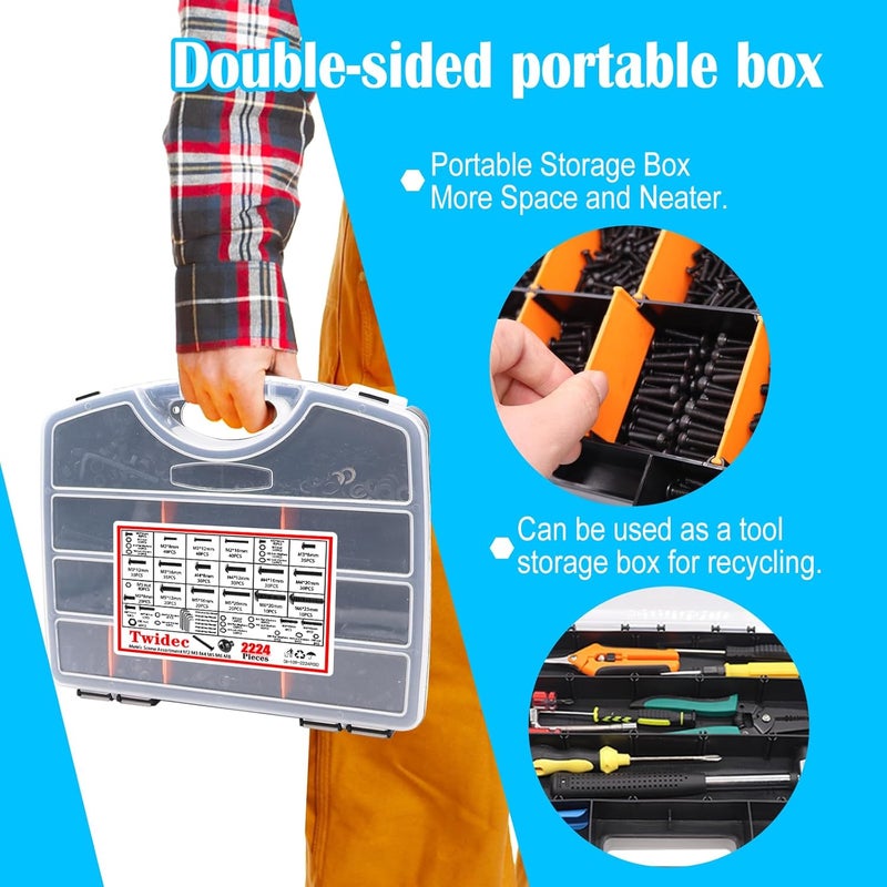 Twidec /2224PCS Metric Screw Assortment M2 M3 M4 M5 M6 M8 Machine Screws(4mm-45mm long) Grade 10.9 Button Head Hex Socket Cap Screws Metric Bolts Nuts Washer Assortment Kit Black Screws - Image 5